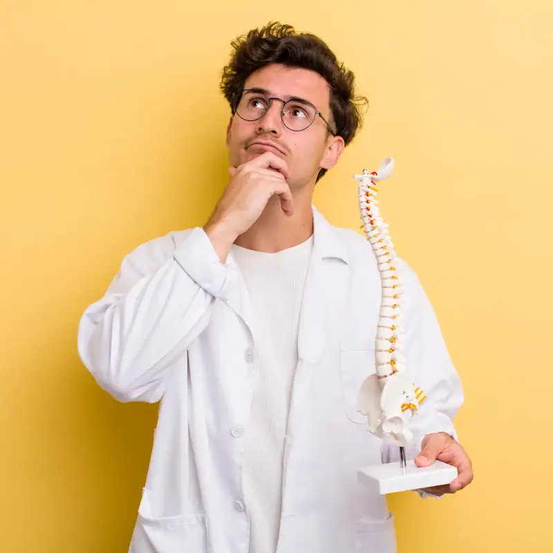 Man pondering which massage is best for back pain holding a model of a spinal column